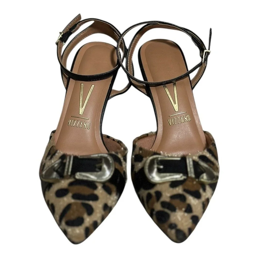 Vizzano Leopard Print Ankle Strap Heels Pointed Toe Buckle Women's Size 7 NEW